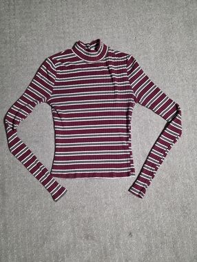 Striped Mock Neck Ribbed Crop Top - Burgundy & White